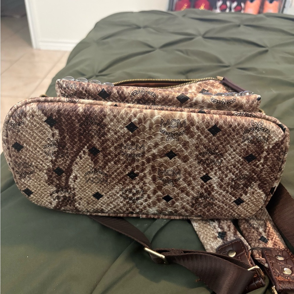 MCM Brown Snakeskin-Print Studded Backpack with Gold Hardware - Picture 4 of 11